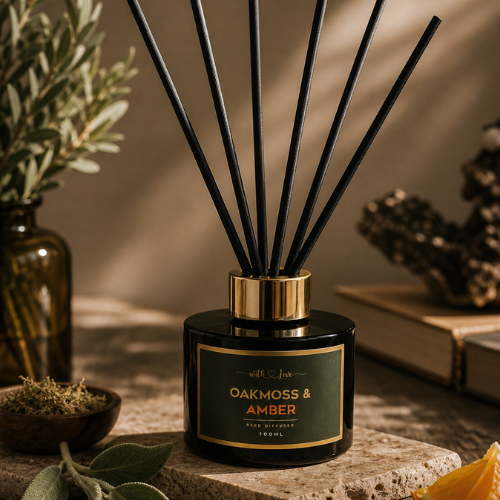 Oakmoss and Amber 100ml reed diffuser by With Love Kenya